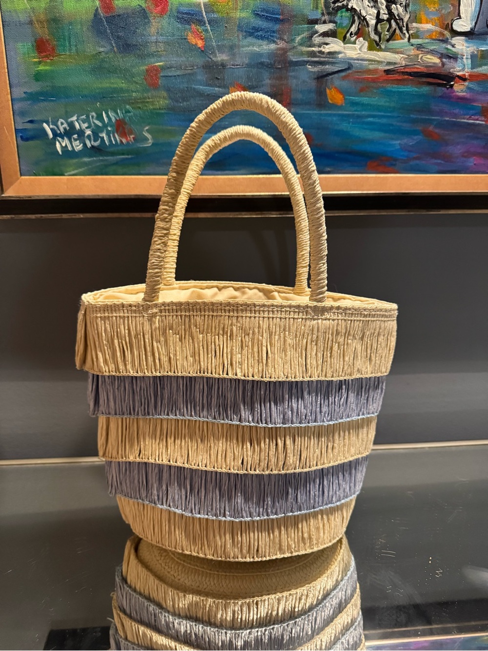 Woven Raffia Striped Tote Bag Coastal Resort European Summer Basket Purse